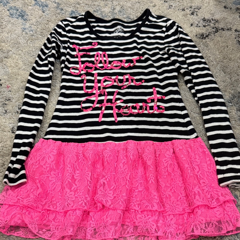 Justice Black and White Striped Top Dress Tunic Follow Your Heart Girl’s size 10